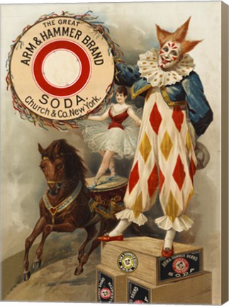 Framed Clown, Horse, Acrobat and Arm &amp; Hammer Brand Soda Print