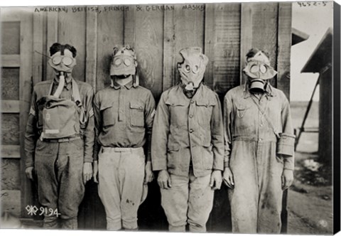 Framed American, British, French &amp; German Gas Masks Print
