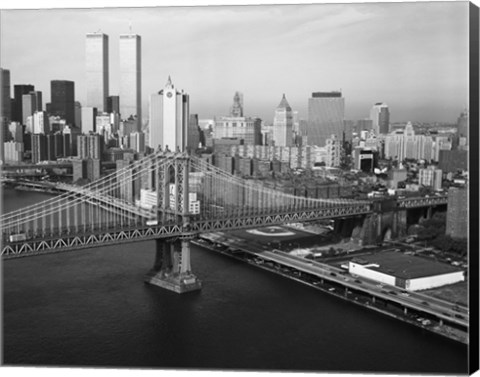 Framed Manhattan Bridge with Twin Towers behind Print
