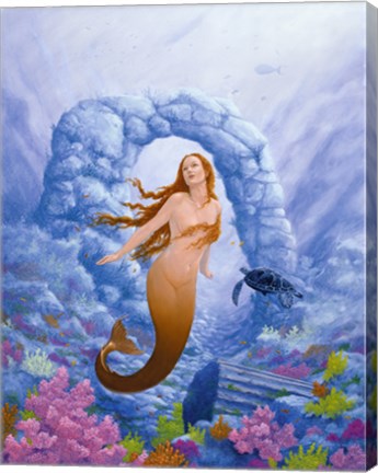 Framed Mermaid and Turtle 1 Print