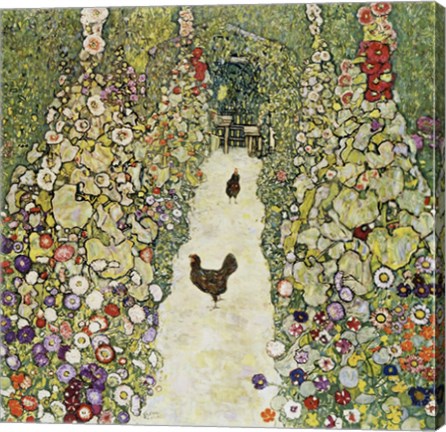 Framed Garden Path with Hens, 1916 Print