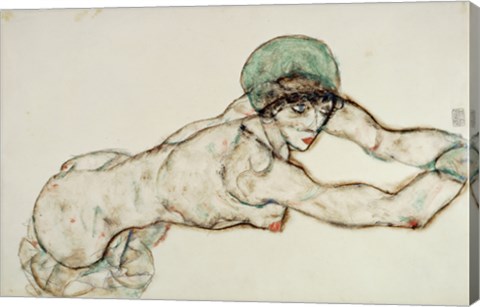 Framed Reclining Female Nude with Green Cap, Leaning to the Right, 1914 Print