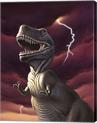 Framed Tyrannosaurus Rex in a Storm Print