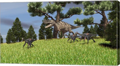 Framed Ceratosaurus Chasing Gigantoraptors Print