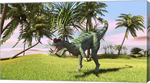 Framed Dilophosaurus Hunting in a Field Print