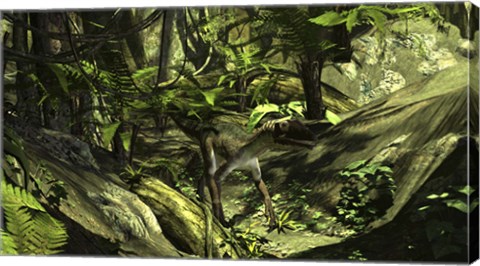 Framed Utahraptor in a Prehistoric Forest Print