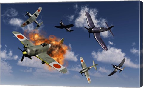 Framed F4U Corsair and Japanese Nakajima Planes Print