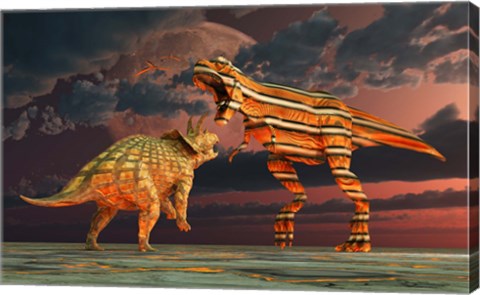 Framed Robotic T Rex &amp; Triceratops Battle Print