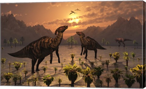 Framed T Rex and Parasaurolophus Duckbill Dinosaurs Print