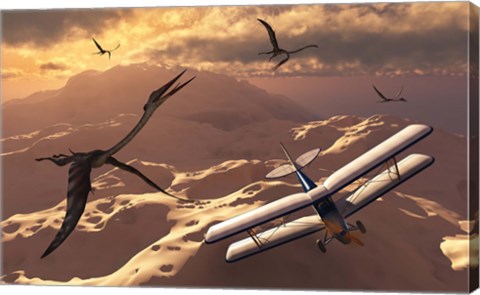 Framed Tiger Moth Biplane and Quetzalcoatlus pterosaurs Print
