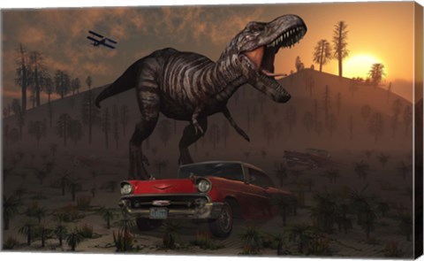 Framed Dinosaur and Classic Car Print