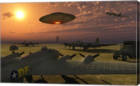 Framed Alien UFO Flying over an American Airbase Print