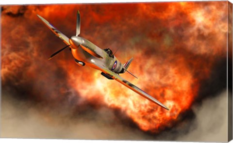 Framed British Supermarine Spitfire Bursting through Flames Print