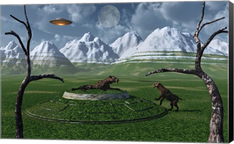 Framed Sabre-Tooth Tigers Encountering UFO&#39;s Print