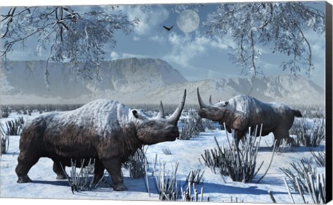 Framed Woolly Rhinoceros in Winter Print