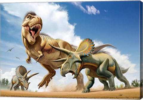 Framed Tyrannosaurus Rex Fighting aTriceratops Print