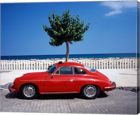 Framed Porsche 356 on the beach, Altea, Alicante, Costa Blanca, Spain Print