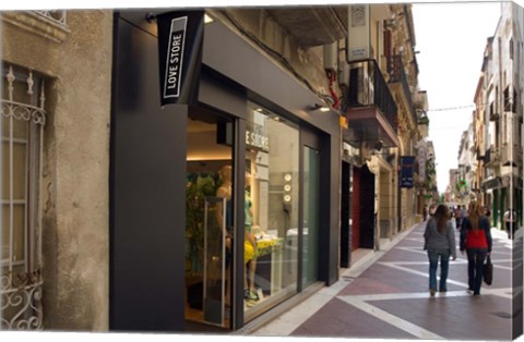 Framed Shopping street in Village of Vilanova i la Geltru, Catalonia, Spain Print