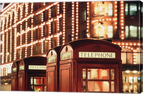 Framed Lit Telephone booth at Harrods, Knightsbridge, London, England Print