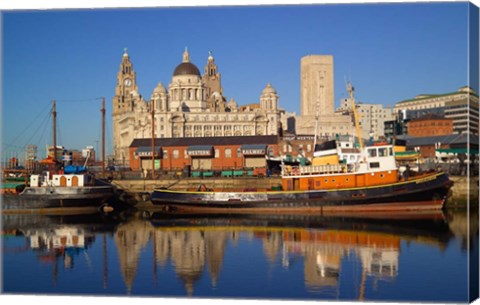 Framed Liver Building and Tug Boats from Albert Dock, Liverpool, Merseyside, England Print