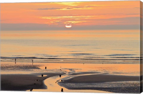 Framed Sunset and beach, Blackpool, England Print