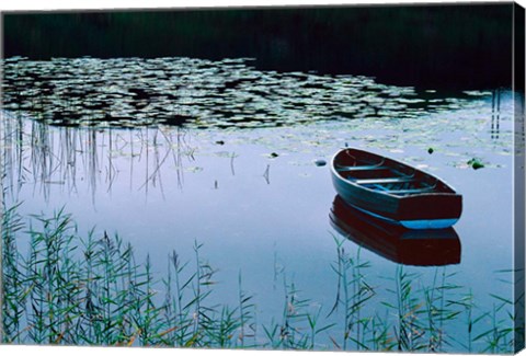 Framed Rowboat on Lake Surrounded by Water Lilies, Lake District National Park, England Print