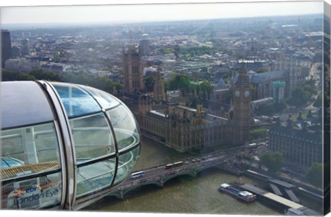 Framed London Eye as it passes Parliament and Big Ben, Thames River, London, England Print