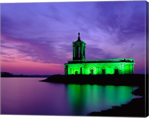 Framed Church at Rutland Water at Sunset, Leicestershire, England Print