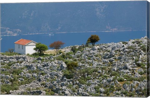 Framed Agia Sofia Church and Ithaki Landscape, Karia, Kefalonia, Ionian Islands, Greece Print