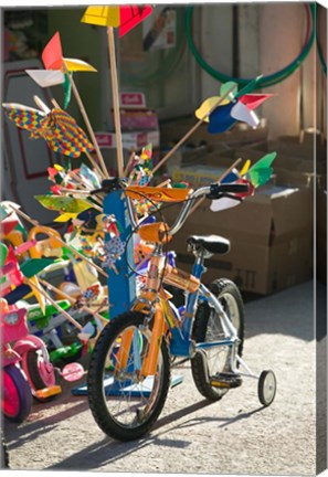 Framed Bicycle Outside Toy Shop, Lesvos, Mytilini, Aegean Islands, Greece Print