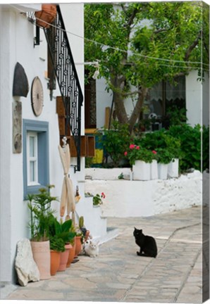 Framed Street View with Black Cat, Manolates, Samos, Aegean Islands, Greece Print