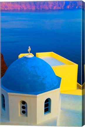 Framed Beautiful Church with Blue Roof, Oia, Santorini, Greece Print