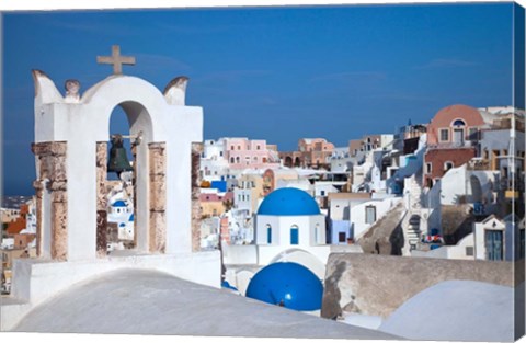 Framed Bell tower and blue domes of church in village of Oia, Santorini, Greece Print