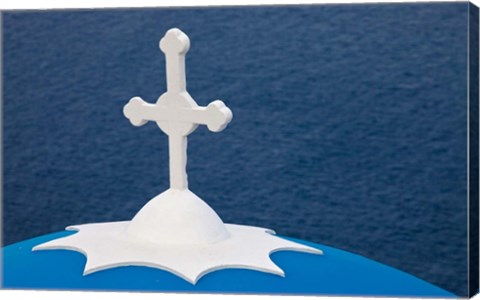 Framed Church with blue dome and white cross in village of Firostefani, Santorini, Greece Print