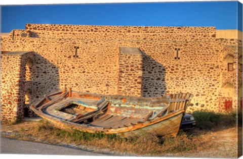 Framed Old fishing boat on dry land, Oia, Santorini, Greece Print