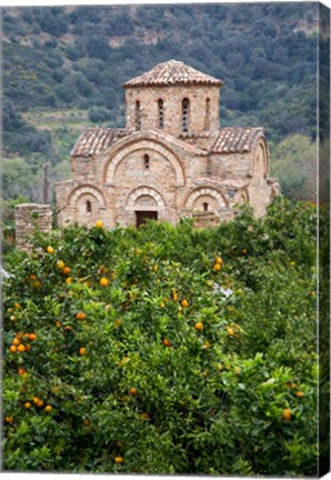 Framed Byzantine church near Fodele, Grove of orange trees and Church of the Panayia, Crete, Greece Print