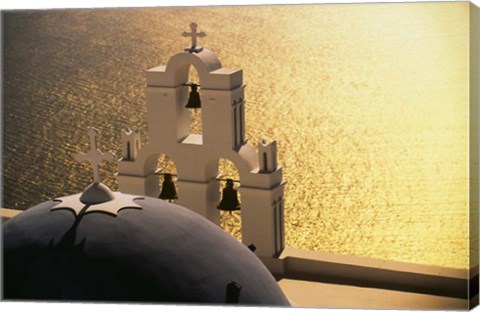 Framed Seaside church tower with bell, Santorini, Greece Print