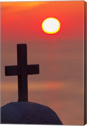 Framed Christian cross, sunset, Mykonos, Greece Print