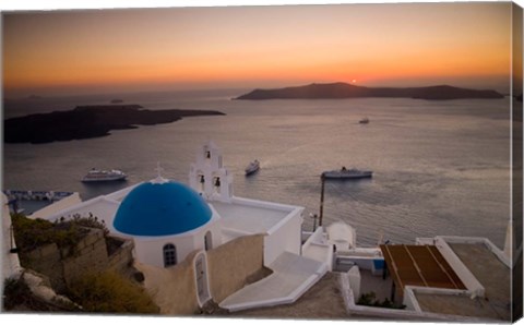 Framed Blue Domed Church and Bell Tower, Fira, Santorini, Greece Print