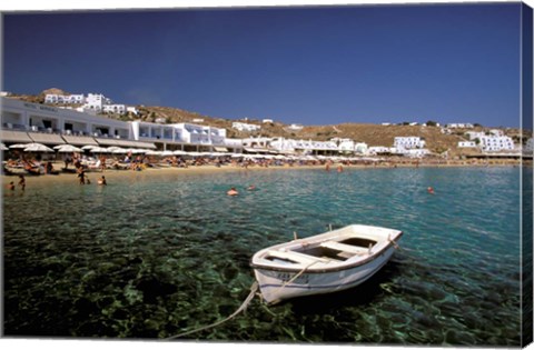 Framed Platis Gialos Beach, Mykonos, Cyclades Islands, Greece Print