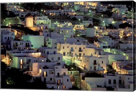 Framed Hilltop Buildings at Night, Mykonos, Cyclades Islands, Greece Print