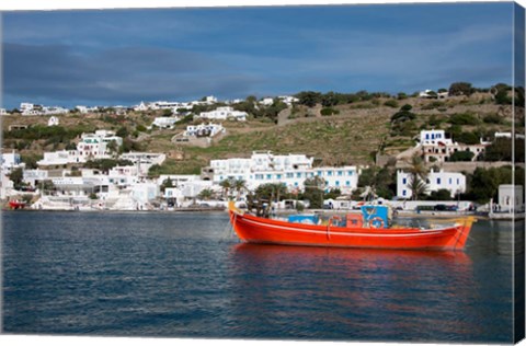 Framed Greece, Cyclades, Mykonos, Hora Harbor view with Greek fishing boat Print