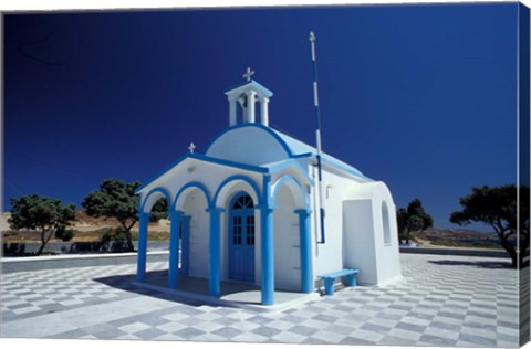 Framed Agios Nicoolaos Church and Checkered Pavement, Cyclades Islands, Greece Print