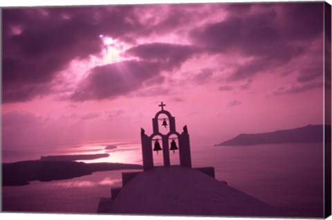 Framed Church Steeple with Evening Rays, Santorini Island, Greece Print