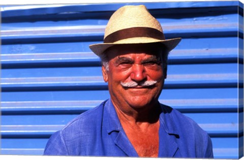 Framed Close Up of Native Man with Blue Wall, Athens, Greece Print