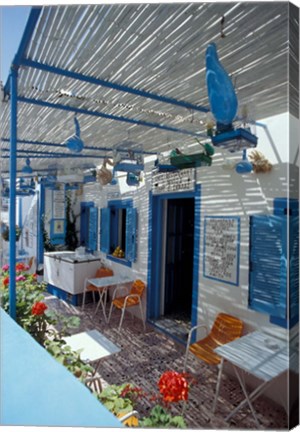 Framed Breakfast Bar with Bird Cages, Thira, Cyclades Islands, Greece Print