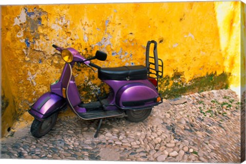 Framed Vespa and Yellow Wall in Old Town, Rhodes, Greece Print