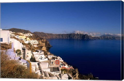 Framed White Buildings on the Cliffs in Oia, Santorini, Greece Print