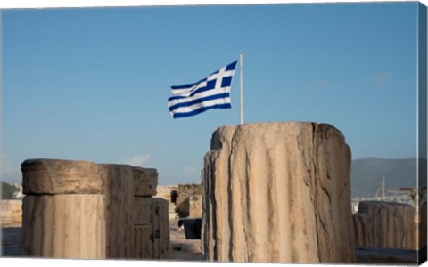 Framed Greece, Athens, Acropolis Column ruins and Greek Flag Print