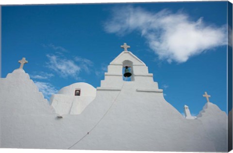 Framed Greece, Cyclades, Mykonos, Hora Church rooftop with Bell Tower Print